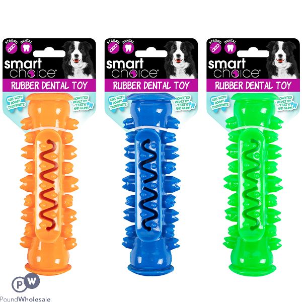 SMART CHOICE DENTAL RUBBER TOOTHBRUSH DOG TOY 15CM ASSORTED COLOURS