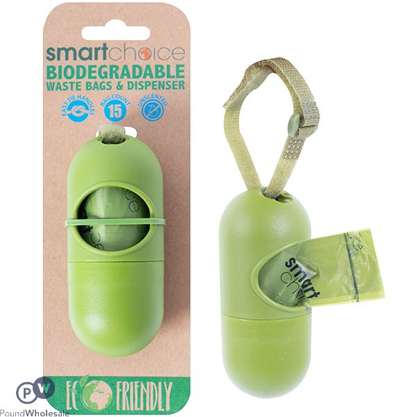 SMART CHOICE ECO-FRIENDLY BIODEGRADABLE POOP BAGS WITH DISPENSER 15 PACK
