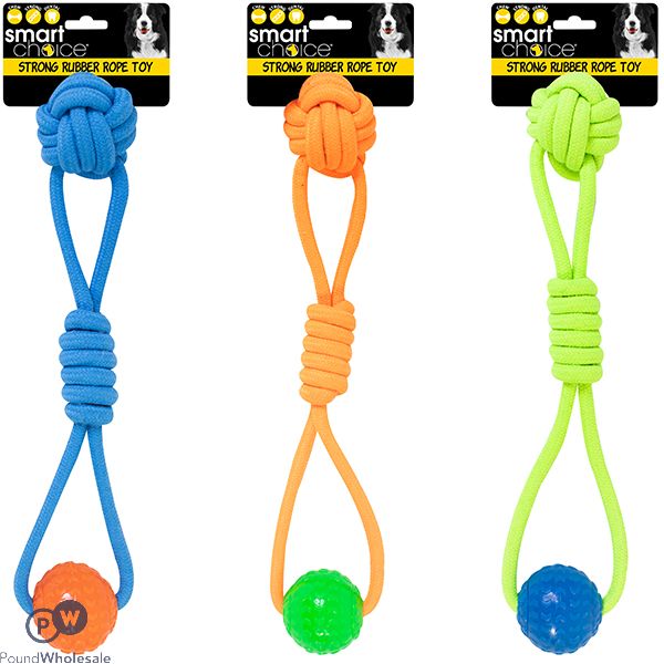 Smart Choice Rubber Ball & Rope Dog Toy 40cm Assorted Colours