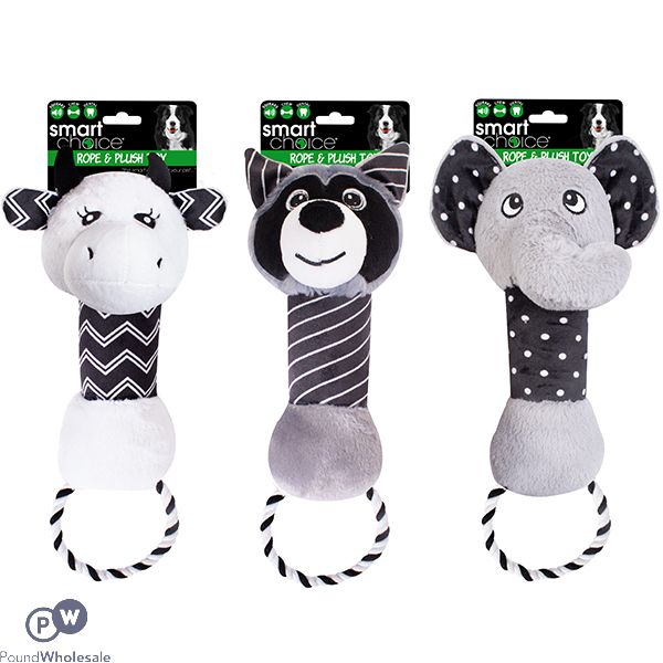 SMART CHOICE GREY SQUEAKY PLUSH & ROPE ANIMAL DOG TOY ASSORTED