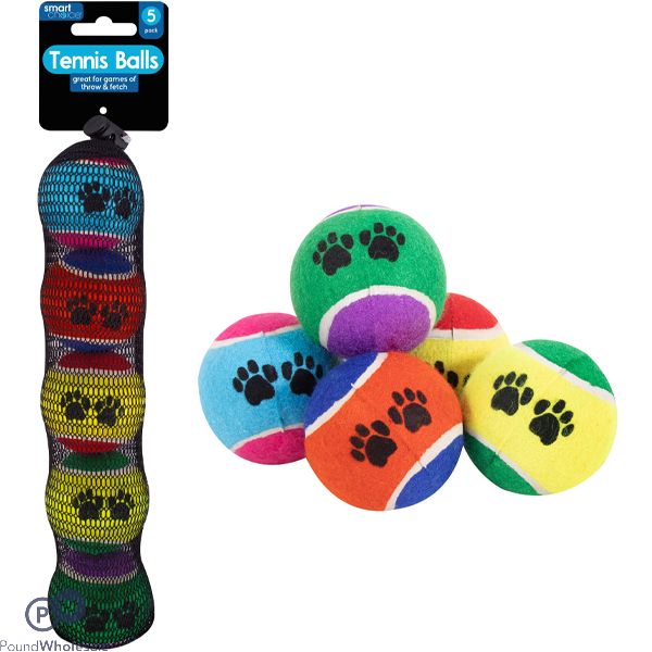 Smart Choice Assorted Colour Pawprint Tennis Balls Dog Toys 5 Pack