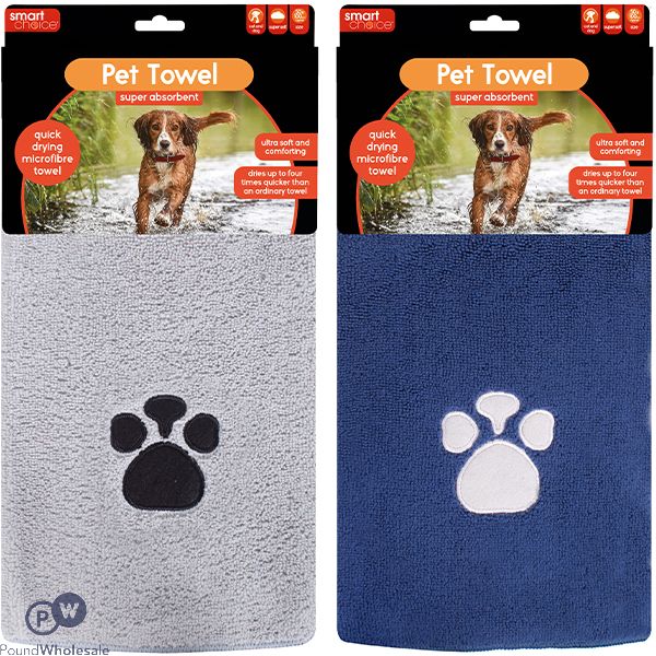 Smart Choice Microfibre Pawprint Pet Towel 50cm X 100cm Assorted Colours