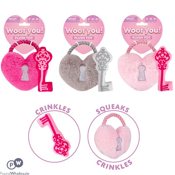 Smart Choice Squeaky Plush & Rope Heart Padlock Dog Toy 2pc Assorted Colours