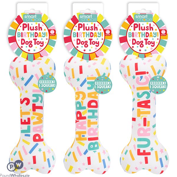 Smart Choice Squeaky Plush Birthday Bone Dog Toy 22cm Assorted