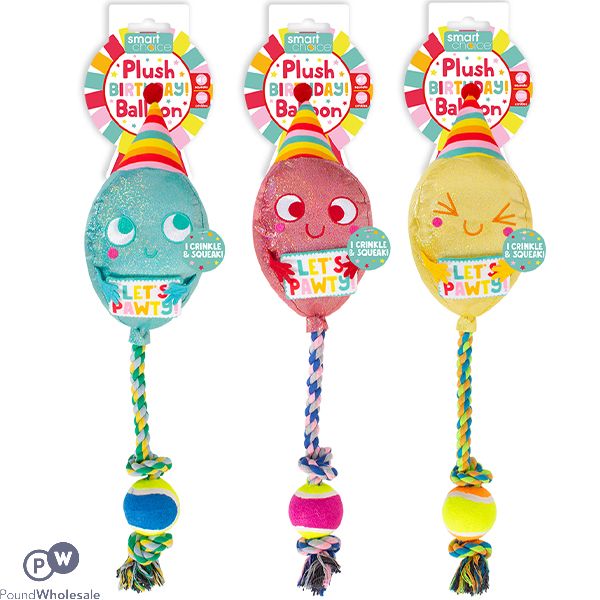 Smart Choice Squeaky Plush Rope Birthday Balloon Dog Toy 40cm Assorted