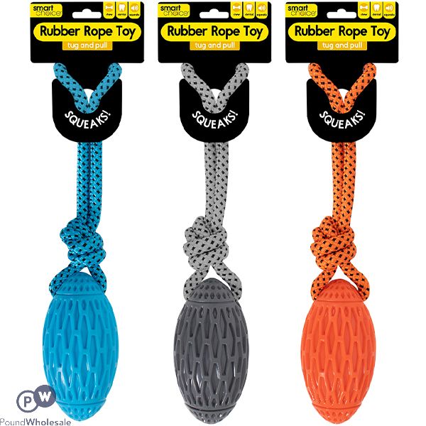 Smart Choice Squeaky Rubber Rope Rugby Ball Dog Toy 41cm Assorted Colours