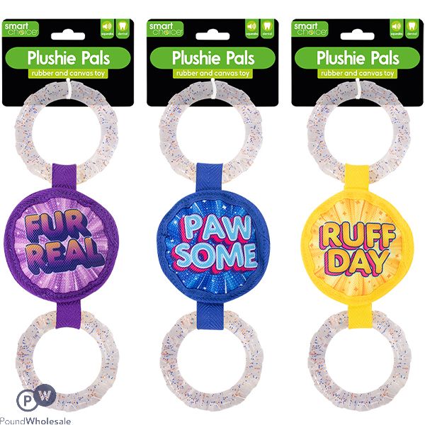 Smart Choice Squeaky Plush Canvas & Rubber Ring Dog Toy 29cm Assorted Colours