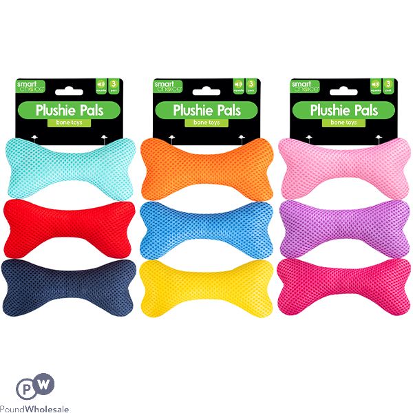 Smart Choice Squeaky Plush Mesh Bone Dog Toy 14cm 3 Pack Assorted Colours