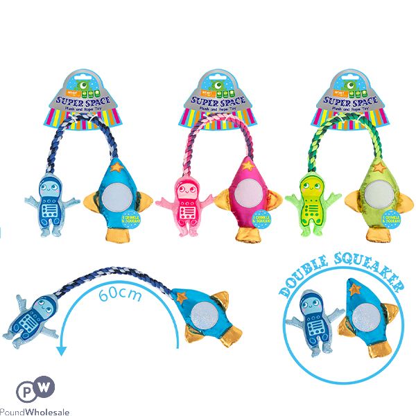 Smart Choice Squeaky Plush Rope Spaceman Rocket Dog Toy 60cm Assorted Colours