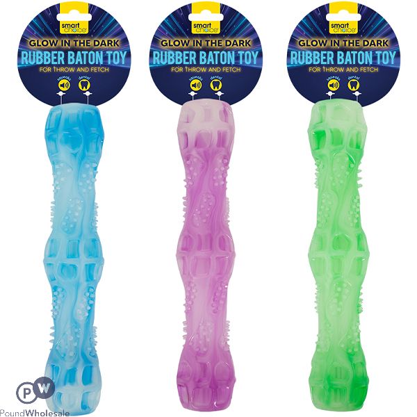Smart Choice Glow In The Dark Rubber Baton Dog Toy 26cm Assorted Colours