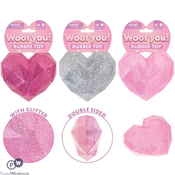 Smart Choice Squeaky Rubber Glitter Heart Dog Toy 9.5cm Assorted Colours