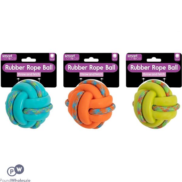 Smart Choice Rubber & Rope Ball Dog Toy 9.5cm Assorted Colours