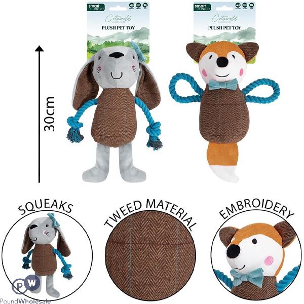 Smart Choice Squeaky Plush & Rope Tweed Rabbit & Fox Dog Toy 30cm Assorted