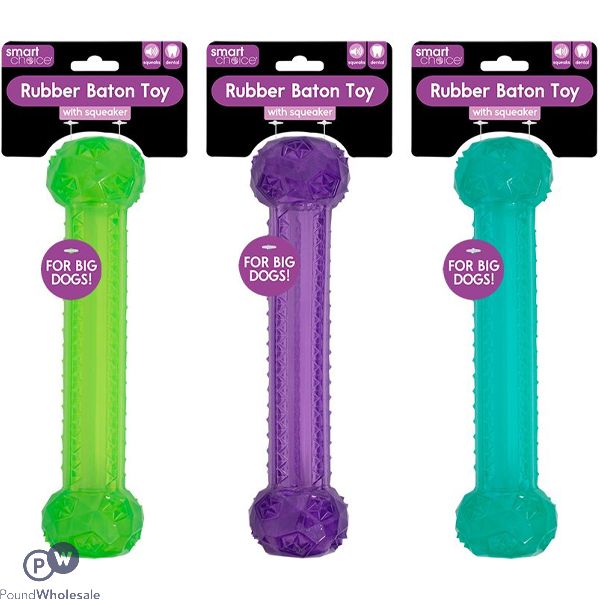 Smart Choice Large Squeaky Textured Rubber Baton Dog Toy 25.5cm Assorted Colours