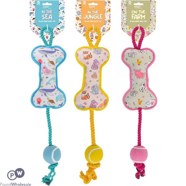 Smart Choice Squeaky Plush Bone Ball & Rope Dog Toy 55cm Assorted