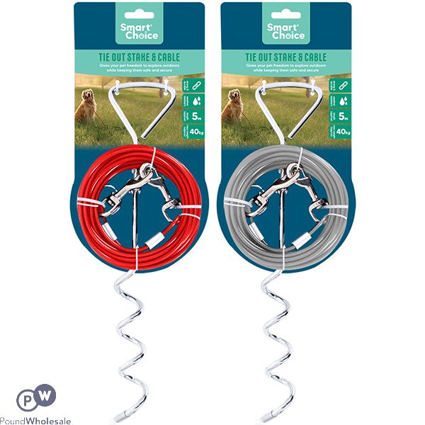Smart Choice 40kg Tie Out Dog Stake & Cable 5m Assorted Colours