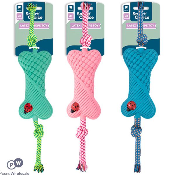 Smart Choice Squeaky Latex & Rope Bone Dog Toy 44cm Assorted