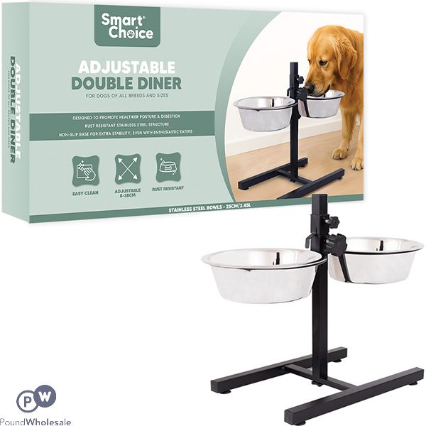 Smart Choice Stainless Steel Adjustable Double Diner Dog Bowl Set