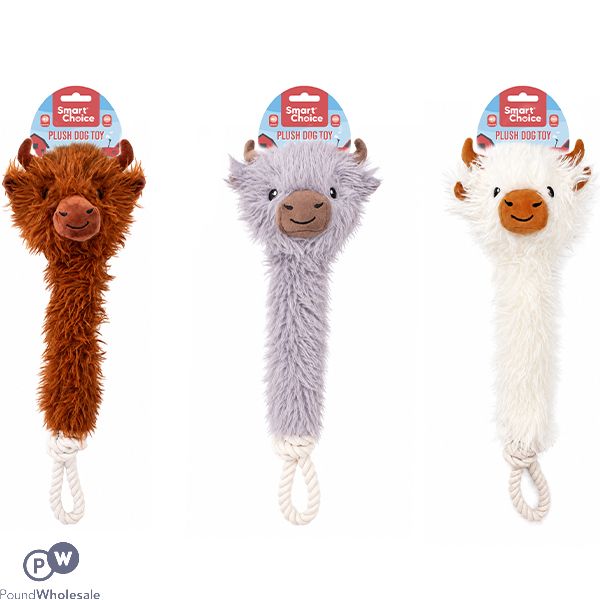 Smart Choice Squeaky Plush Rope Highland Cow Dog Toy 50cm Assorted Colours