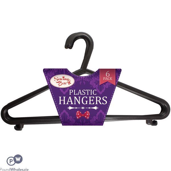 SEWING BOX BLACK PLASTIC CLOTHES HANGERS 6 PACK