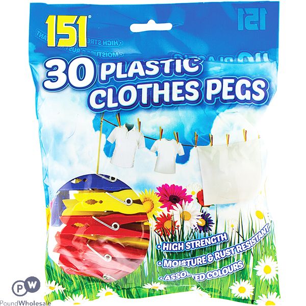 151 ASSORTED COLOUR PLASTIC CLOTHES PEGS 30 PACK