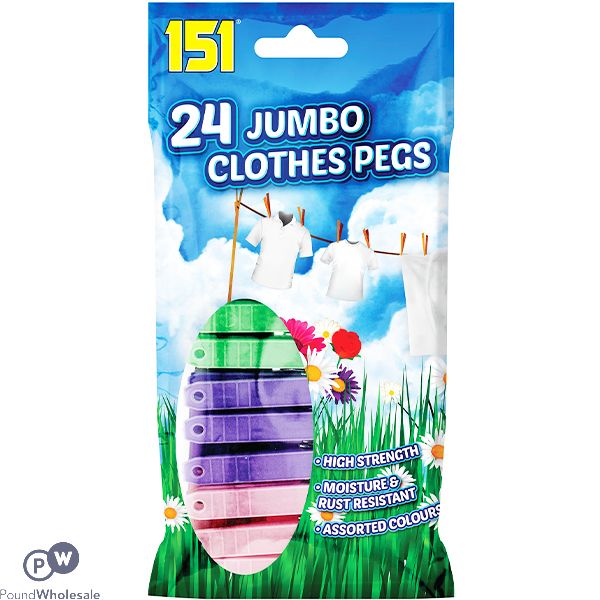 151 ASSORTED COLOUR JUMBO PLASTIC CLOTHES PEGS 24 PACK