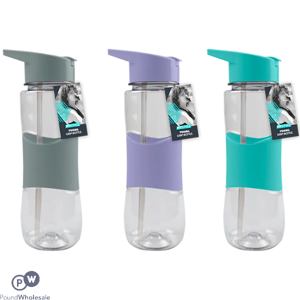 Fitstyle Silicone Grip Adjustable Straw Water Bottle 700ml Assorted Colours