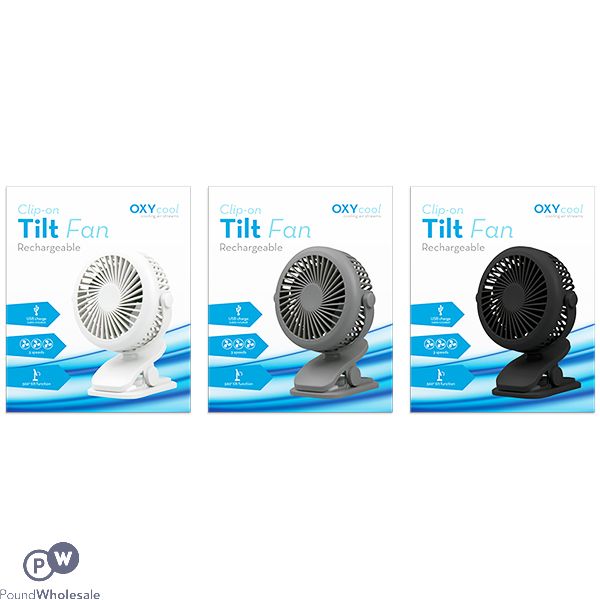 OXYCOOL CLIP-ON TILT RECHARGEABLE FAN ASSORTED COLOURS