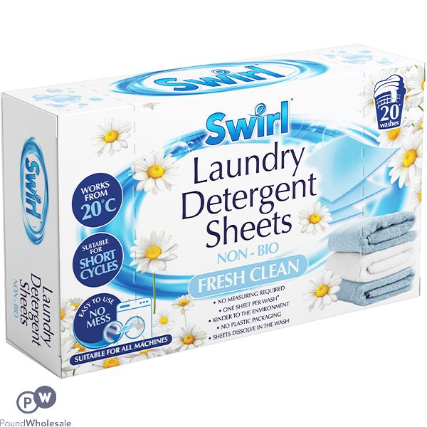 SWIRL NON-BIO FRESH CLEAN LAUNDRY DETERGENT SHEETS 20 PACK