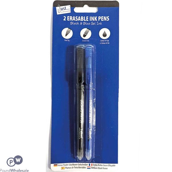 JUST STATIONERY BLACK & BLUE ERASABLE INK PENS 2 PACK