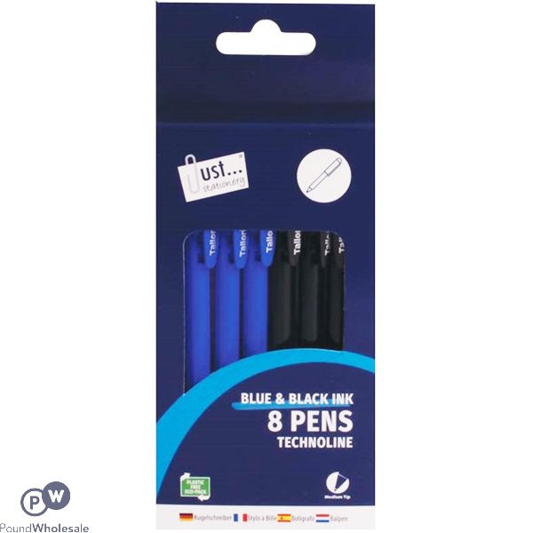 JUST STATIONERY TECHNOLINE BLACK & BLUE INK PENS 8 PACK