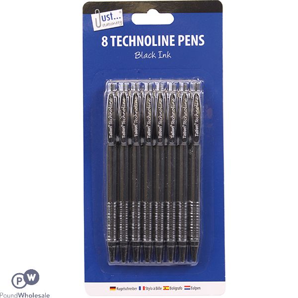 JUST STATIONERY TECHNOLINE BLACK INK PENS 8 PACK