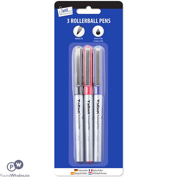 Just Stationery Assorted Colour Rollerball Pens 3 Pack