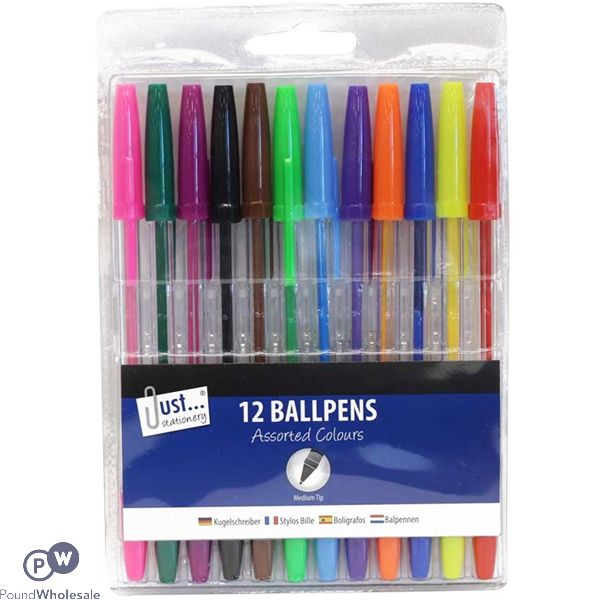 JUST STATIONERY MULTICOLOURED BALLPOINT PENS 12 PACK