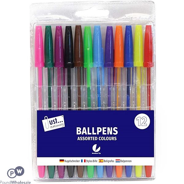 Just Stationery Multicoloured Ballpoint Pens 12 Pack