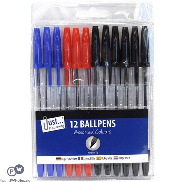 JUST STATIONERY ASSORTED COLOUR BALLPOINT PENS 12 PACK