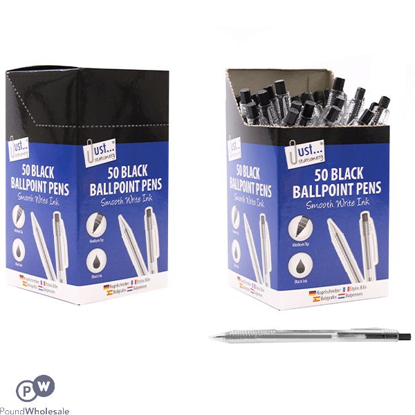 JUST STATIONERY SMOOTH WRITE BLACK BALLPOINT PENS 50 PACK