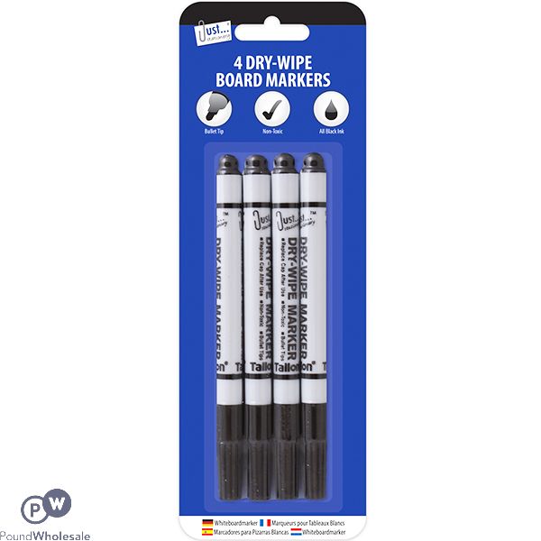 JUST STATIONERY BLACK DRY-WIPE BOARD MARKERS 4 PACK