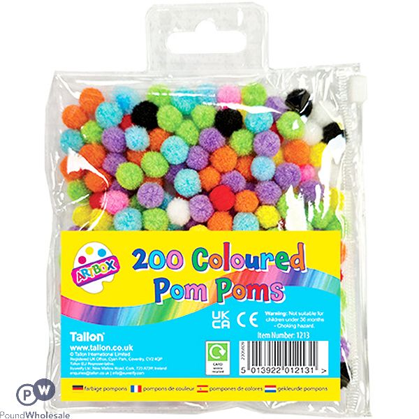 Artbox Mixed Fluffy Pom Poms 200 Pack Assorted Colours