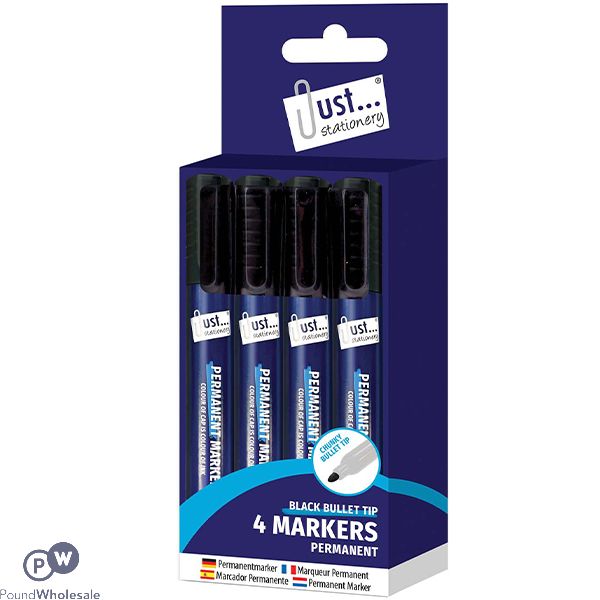 Just Stationery Black Bullet Tip Permanent Markers 4 Pack