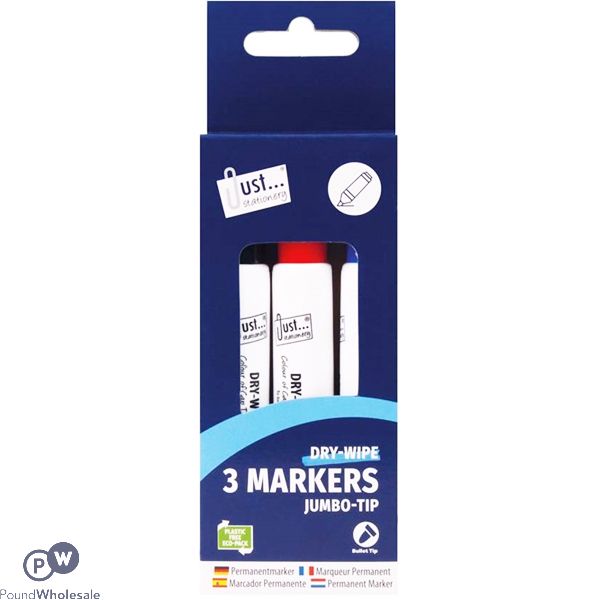 Just Stationery Chunky Dry-Wipe Board Markers Assorted Colours 3 Pack