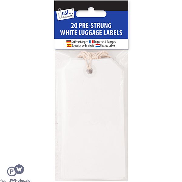 JUST STATIONERY PRE-STRUNG WHITE LUGGAGE LABELS 12 X 6CM 20 PACK