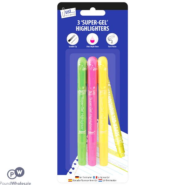 JUST STATIONERY ASSORTED COLOUR SUPER-GEL HIGHLIGHTER PENS 3 PACK