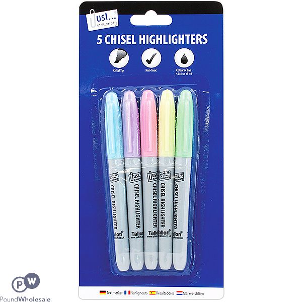 JUST STATIONERY ASSORTED PASTEL CHISEL TIP HIGHLIGHTER PENS 5 PACK