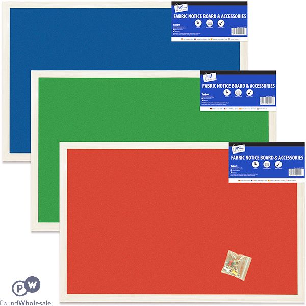 JUST STATIONERY FABRIC NOTICE BOARD & ACCESSORIES 600 X 800MM ASSORTED COLOURS