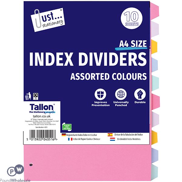 Just Stationery A4 Assorted Colour Index Dividers 10 Pack