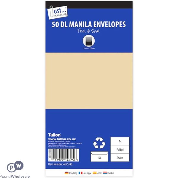 JUST STATIONERY DL MANILLA PEAL & SEAL ENVELOPES 229MM X 110MM 50 PACK