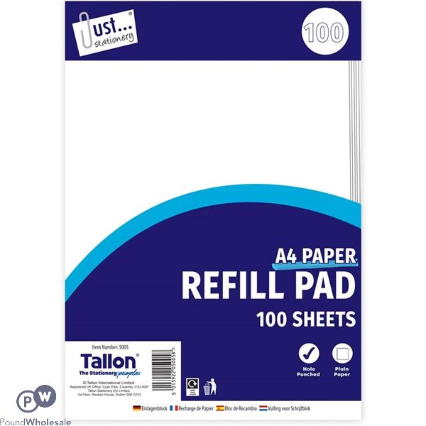 Just Stationery A4 Plain Paper Refill Pad 100 Sheets