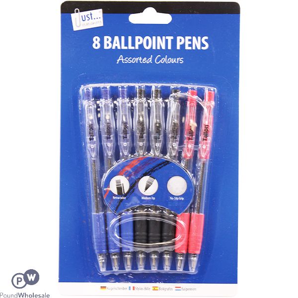 JUST STATIONERY ASSORTED COLOUR RETRACTABLE BALLPOINT PENS 8 PACK