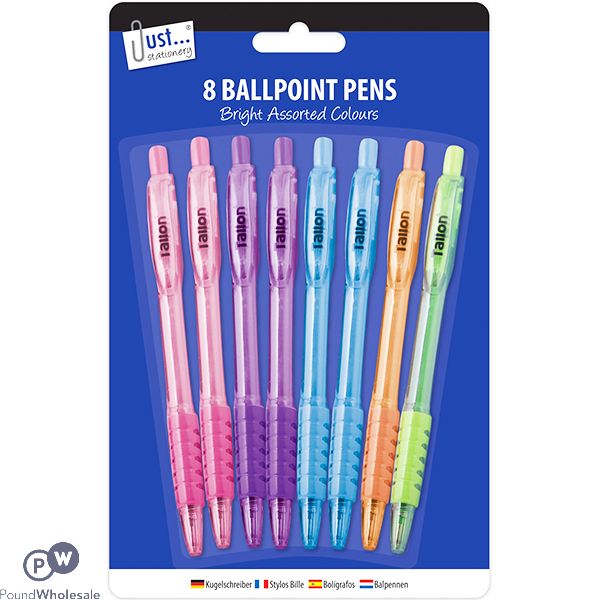 Just Stationery Assorted Pastel Colours Ballpoint Pens 8 Pack